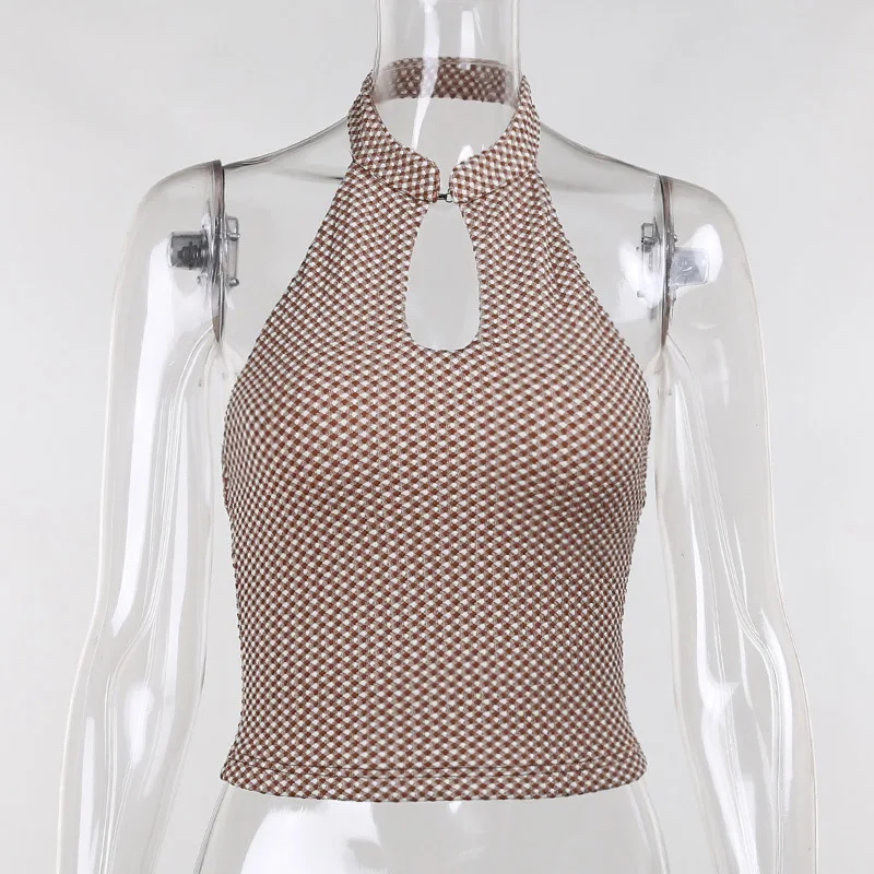 

Vintage Halter Neck Knitted Backless Crop Top Women Sexy Contrast Color Small Grid Tank Vest Ladies Summer Fashion Blouse New
