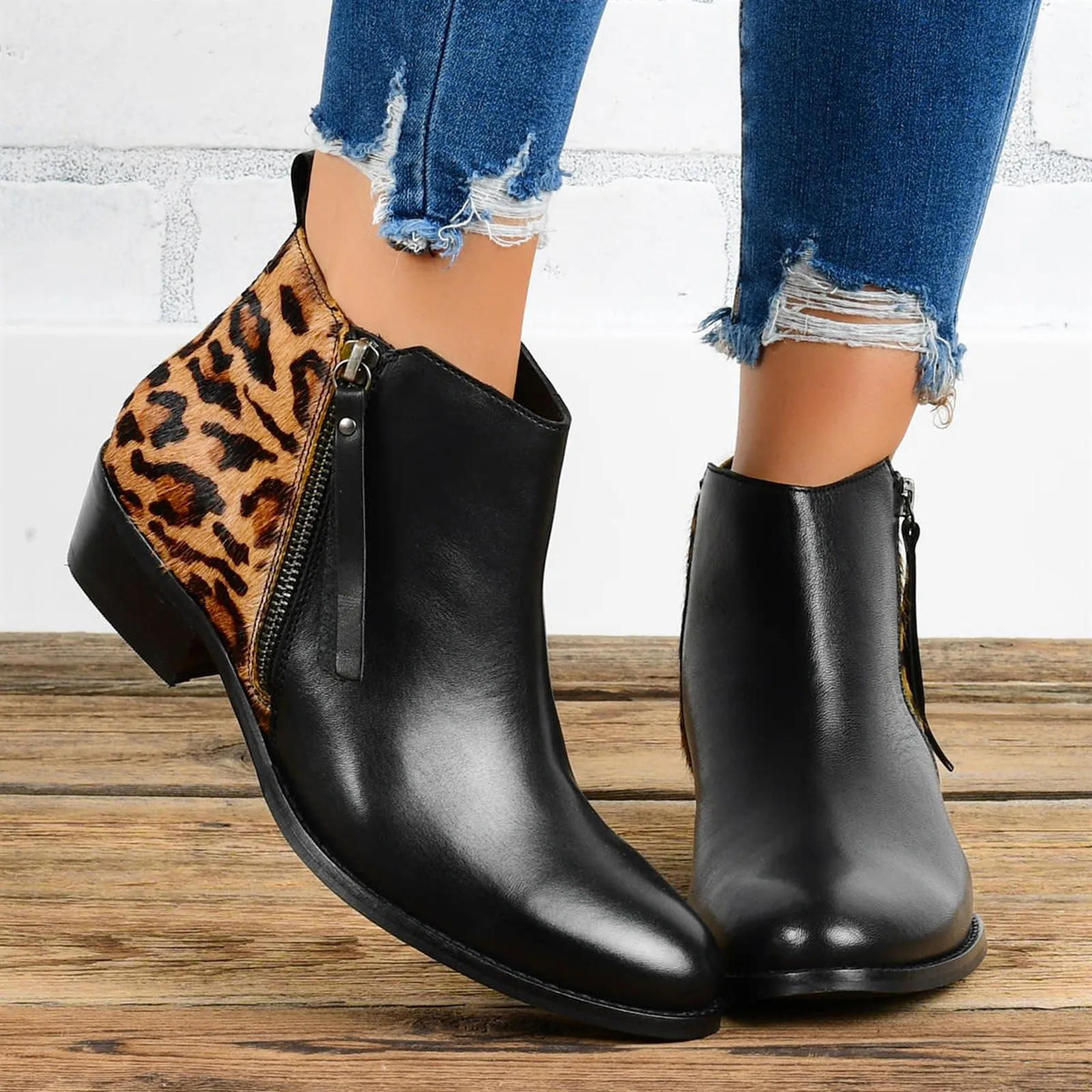 

Women Leopard Stitching Print Boots Non-slip Square Heels Zipper Round Toe Short Shoes Ankle Boots For Women 2021 Autumn New R5