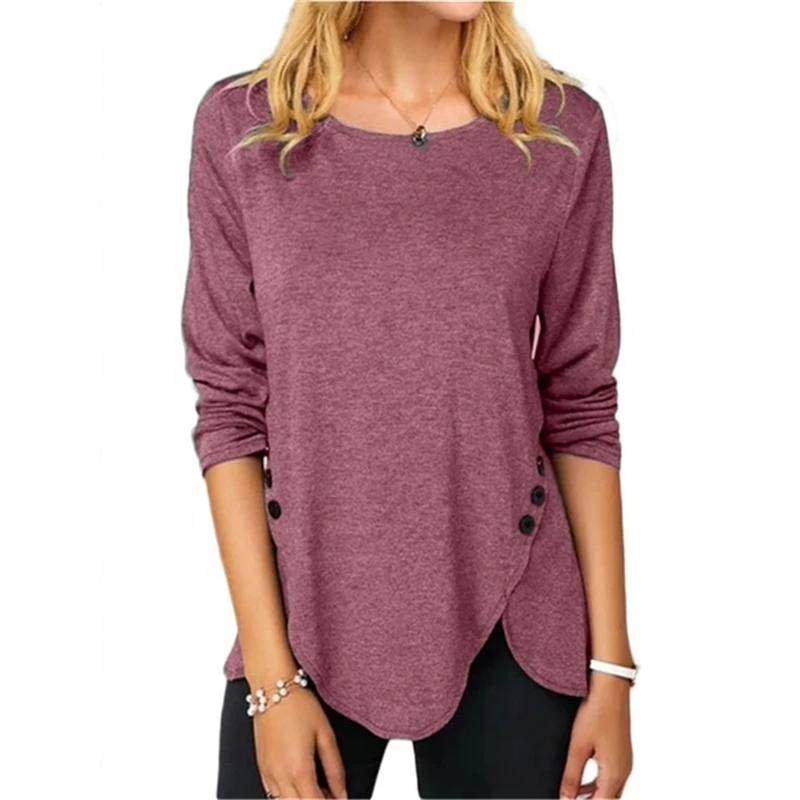

Button O Neck Long Sleeved Tunic T-Shirt Women Clothing Solid Color Loose Casaul Irregular Long Pullovers Tops Tee Shirt Femme