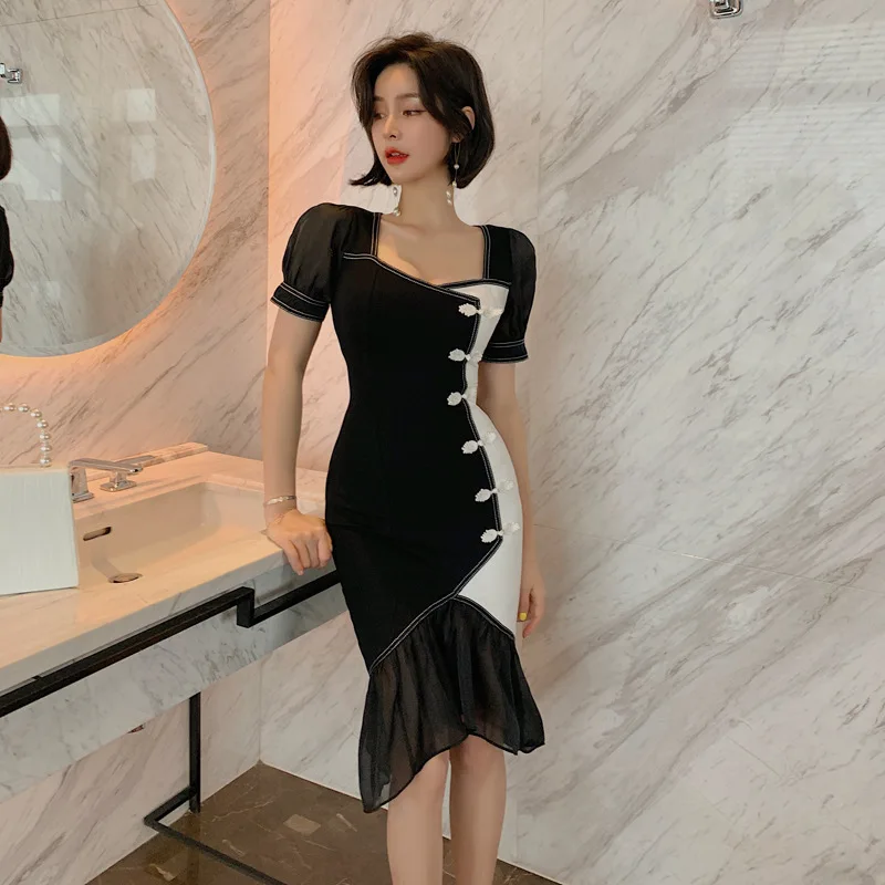 Улучшенный cheongsam 2020 летнее Новое Женское ретро платье с пряжкой Черное и белое