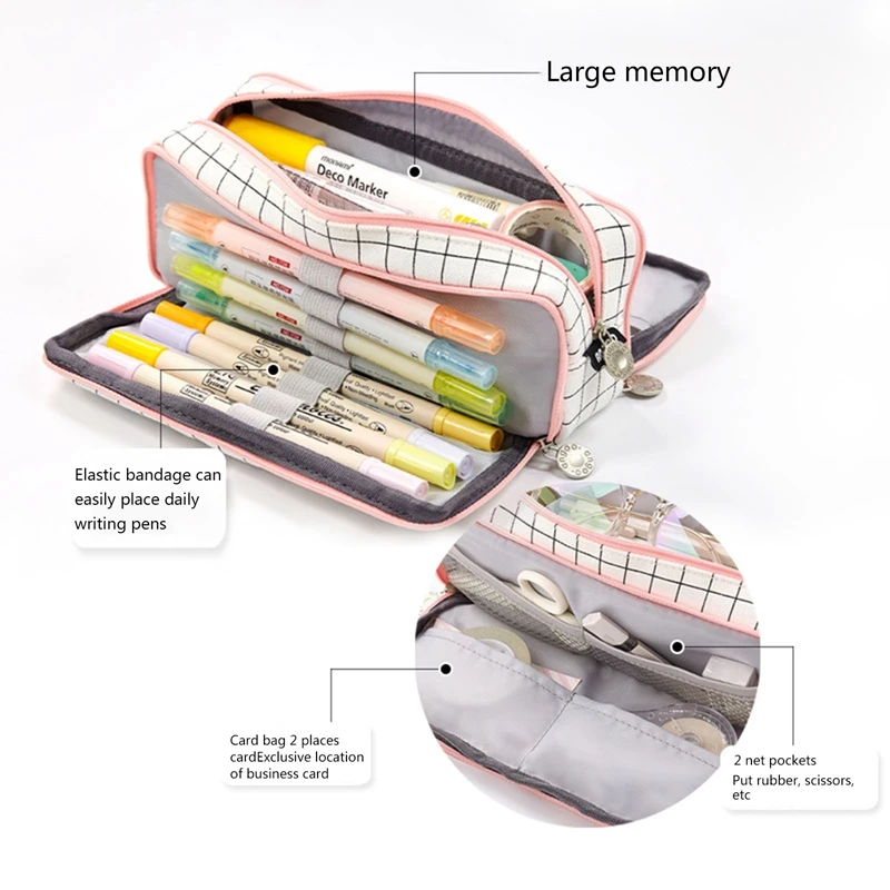 

Large Capacity Pencil Case with Keychain Student Office School Stationery Bag Durable Canvas Pen Bag Portable Women Cosmetic Bag