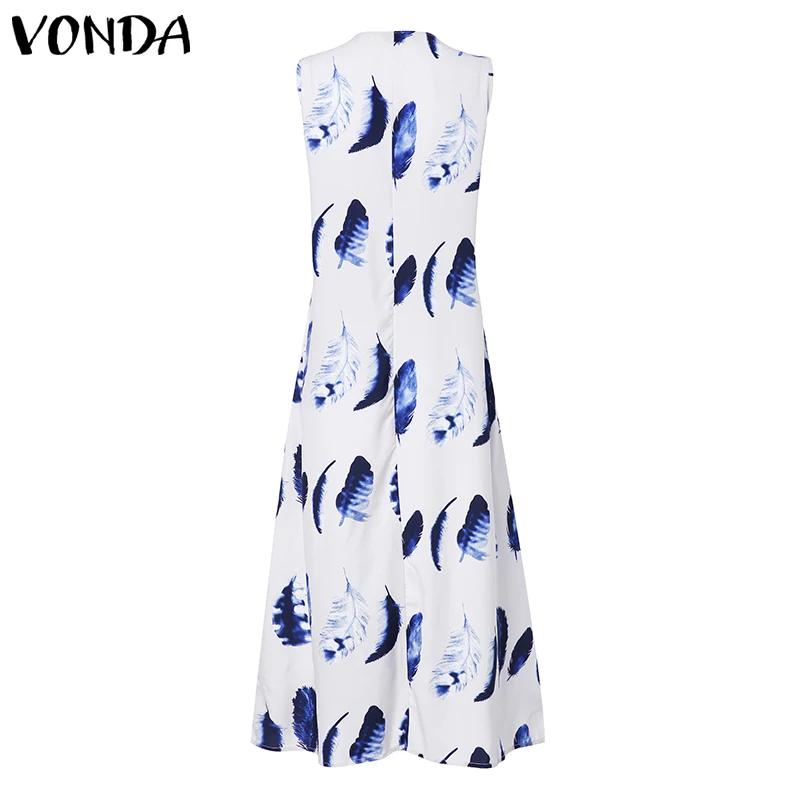Летнее женское синее платье 2019 VONDA повседневное без рукавов v образный вырез