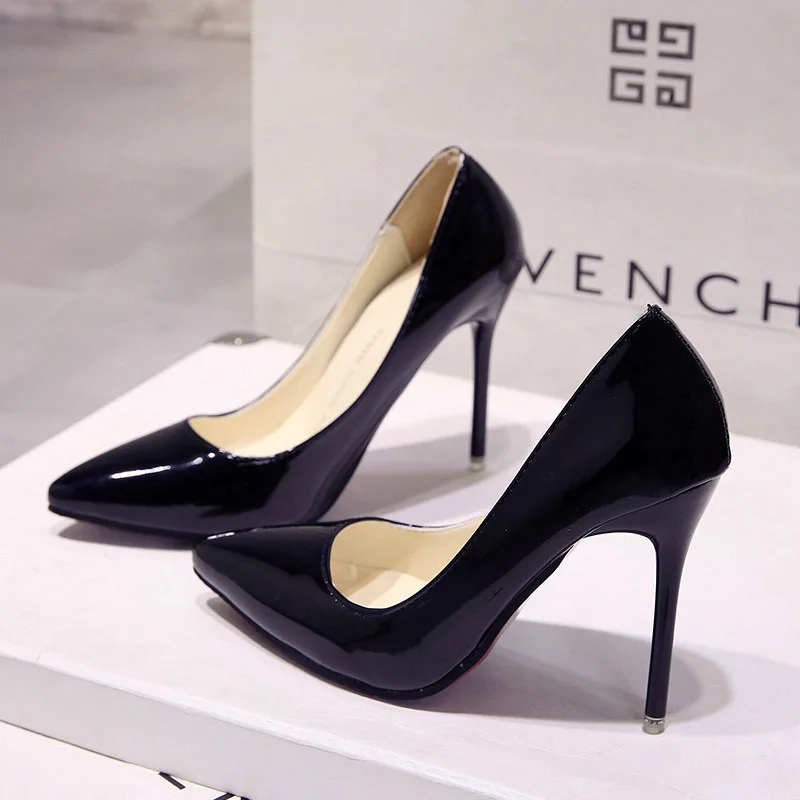 BLack 10 CM Пикантная женская обувь; туфли-лодочки с острым носком; модельные туфли из лакированной кожи; туфли-лодочки на высоком каблуке; свадебные туфли; zapatos mujer; цвет белый, синий, красный - Цвет: BLack 10 CM