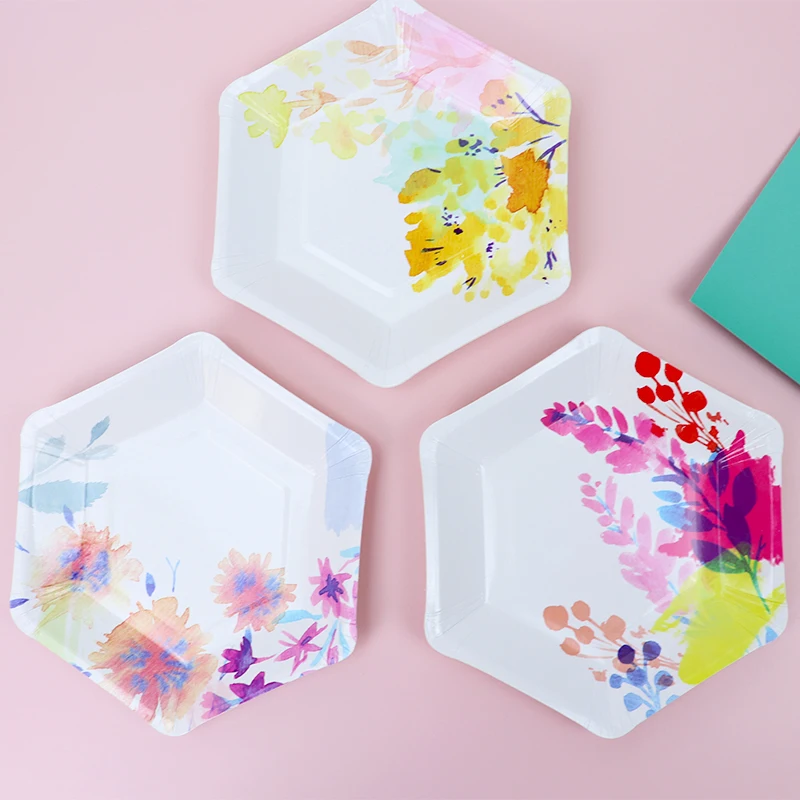 12pcs Gilding Flower Paper Plates Cake Hexagon Dishes Baby Shower Birthday Party Wedding Anniversary Disposable Tableware | Дом и сад
