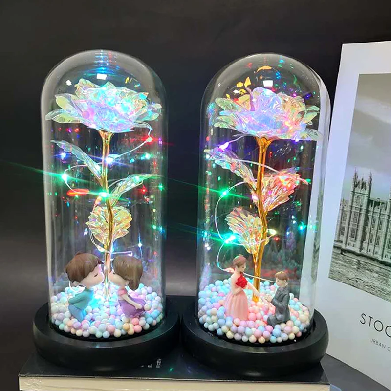 

Colorful Roses Artificial Flower Led Lamp Glass Cover Rose Decoration Valentine's Day Galaxy Rose Flower Gift