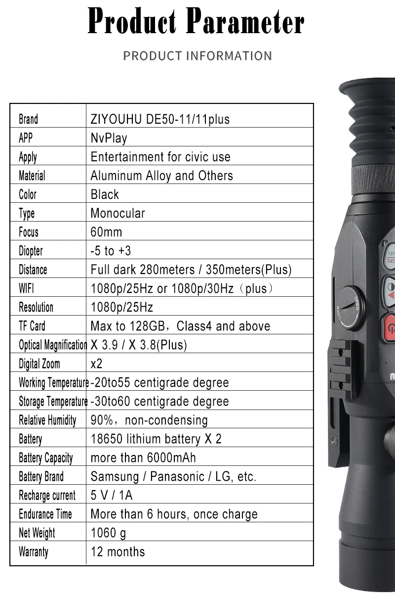 HD Infrared Digital Night Vision Sight Zoom Monoculars Night Ranging Riflescope Aiming Device for Hunting Scope Video Recording