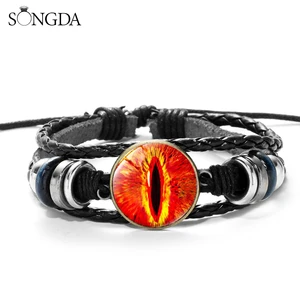 Cool Dragon Eye Charm Bracelet Mens Punk Jewelry Green Blue Purple Red Sauron Eyes Print Glass Time Gem Wrist Accessories