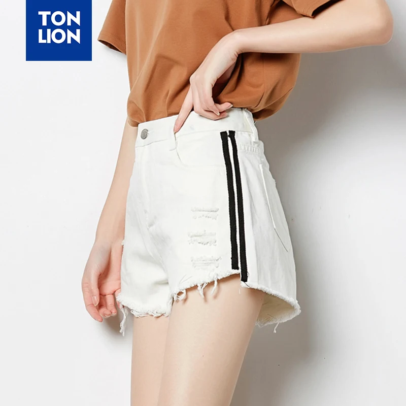 Женские джинсы с высокой талией TONLION черные белые сексуальные короткие рваные