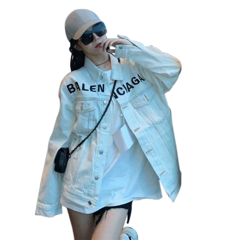 

New Spring And Autumn White Denim Coat Fashion Letters Denim Jacket Loose Women Denim Top Street Casual Long Sleeve Outer Wear
