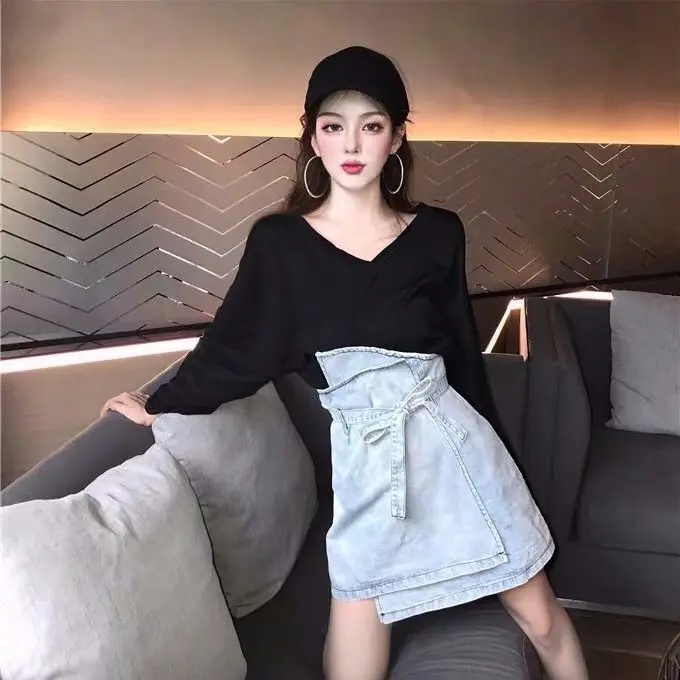 Женская джинсовая юбка с эффектом потертости трапециевидная облегающая высокой