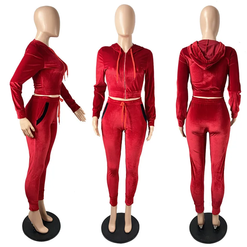 

Winter Clothes Women Sweat Suits Matching Sets Two Piece Set Long Sleeves Golden Velvet Zipper Hoodies Wholesale Dropshipping
