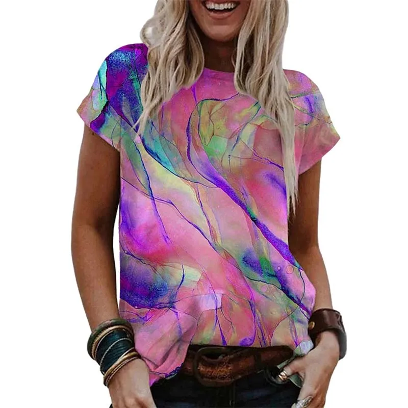 

Summer New Tie Dye Print Short Sleeve Oversized T Shirt Women Casual O Neck Loose Streetwear Tops Tee Shirts