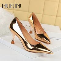 niufuni shallow pointed cup heels metal patent leather shiny fashion sexy slim womens shoes wedding party shoes slip on pumps