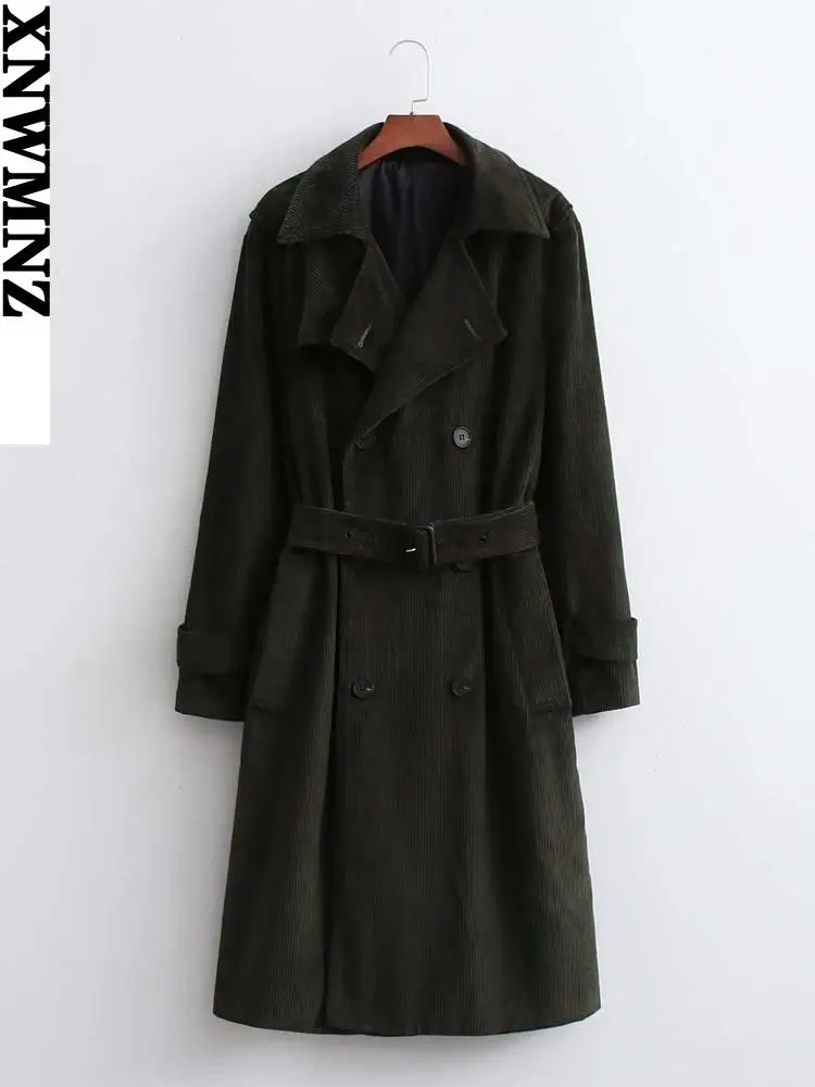 

XNWMNZ women corduroy trench coat with blet Women's lapel collar long sleeves vintage Long Jacket autumn winter Outercoat 2021