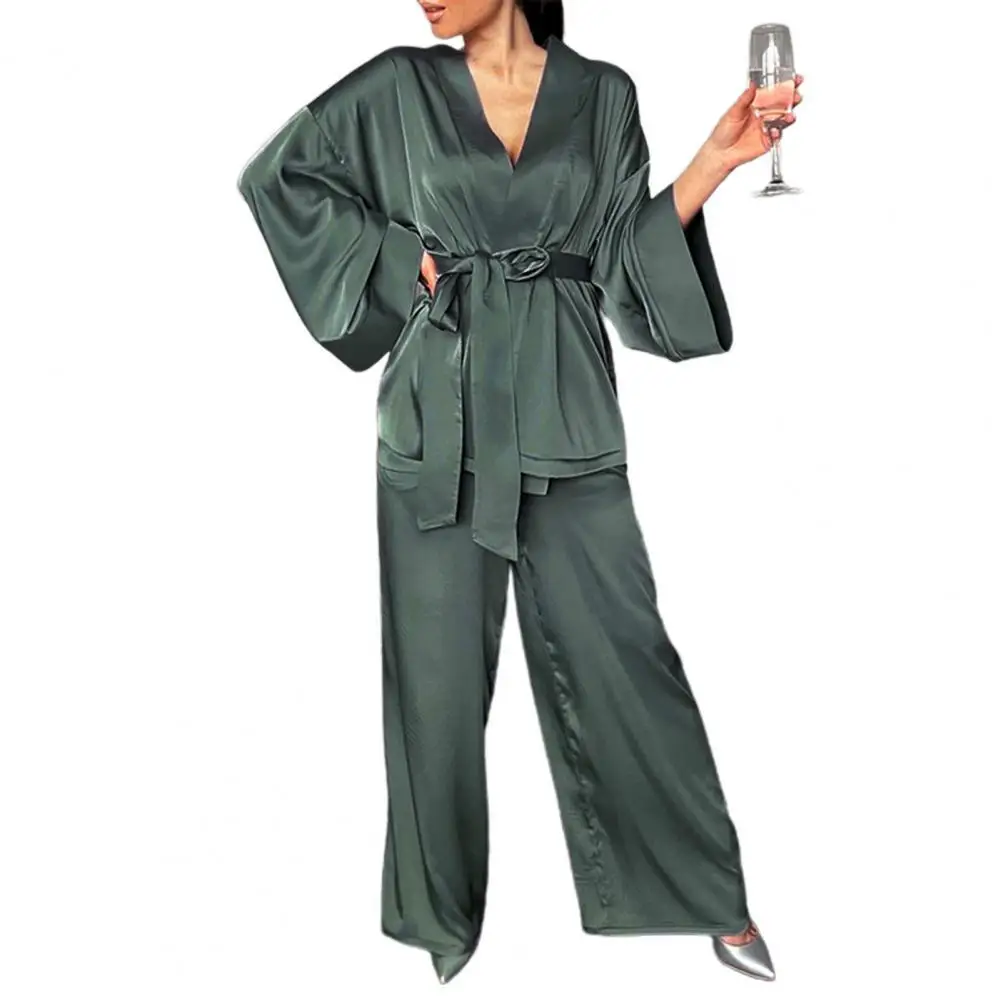 

Женская пижама с поясом и V-образным вырезом, однотонные топы для сна на запястье, атласные брюки, свободная Пижама, повседневная одежда для ...