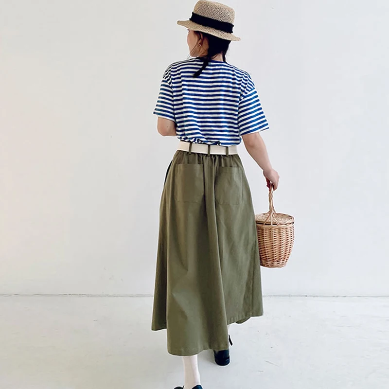 

XITAO Army Green Casual Skirt Women Tide Fashion A Line Style Elastic Waist Cross Elegant Slim Pocket Match All Skirt LDD1564