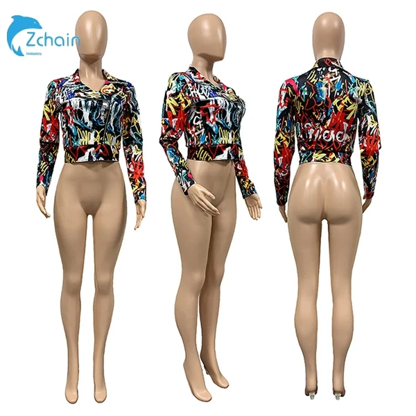 

In stock Clothes Love Pattern Womens Jacket And Coats Casual Crop Top Coat
