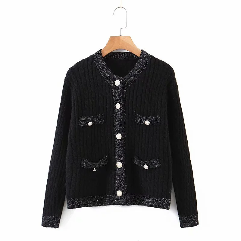 

Elegant Women Pearl Button Sweater 2021 Fashion Ladies Pocket Knitted Cardigan Sweet Female Streetwear O-Neck Loose Blouse