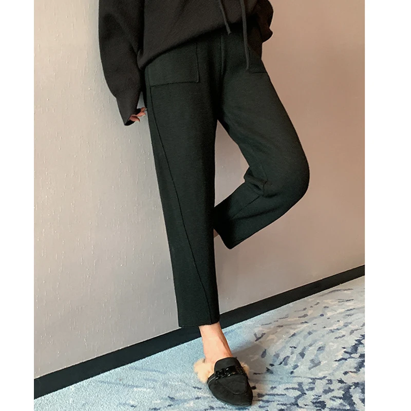 Осенне зимние вязаные женские шаровары HLBCBG эластичные штаны с высокой талией и