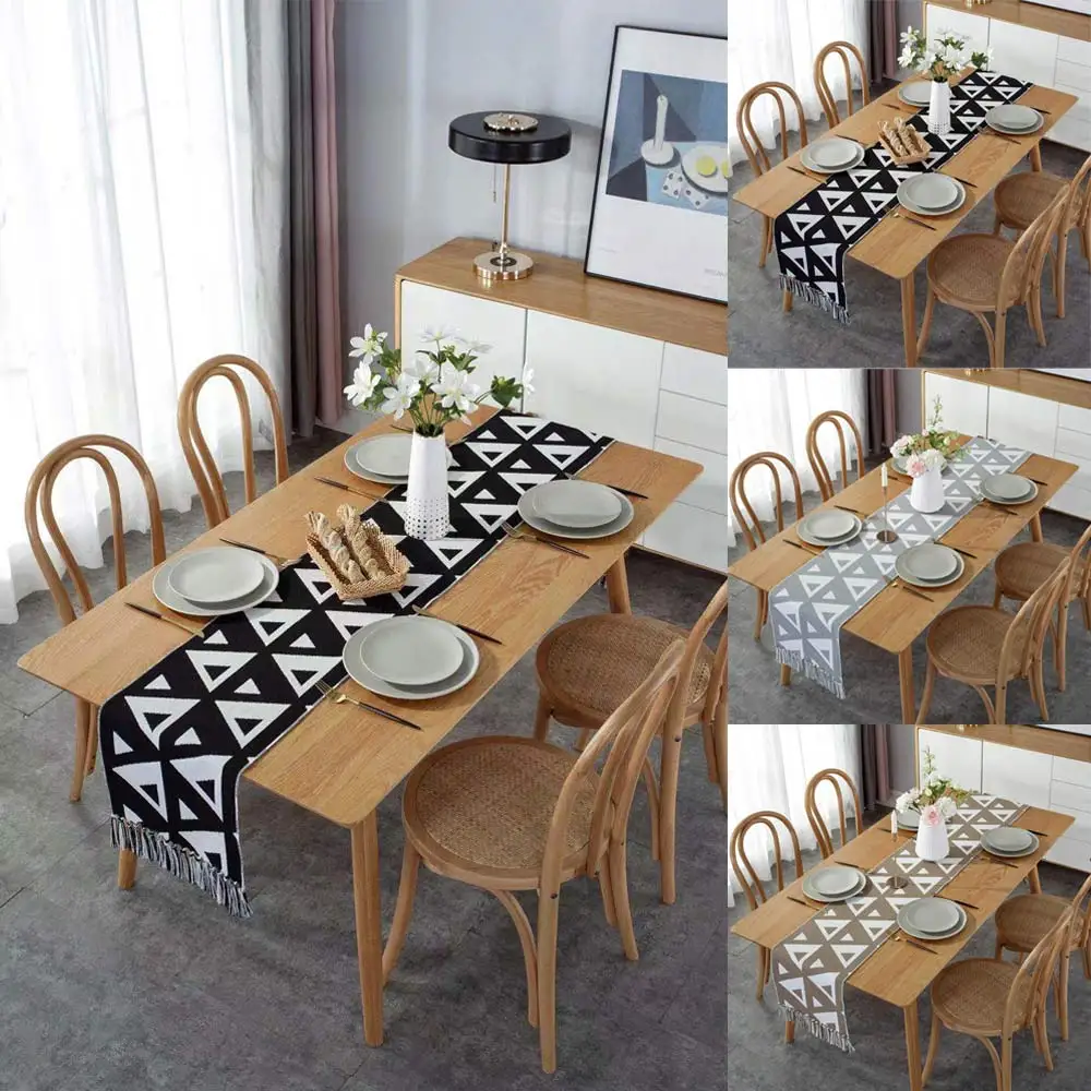

Luxury Cotton Linen Table Runner Minimalist Check Pattern European Tassel Tablecloth Dining Table Decor Wedding Table Decoration