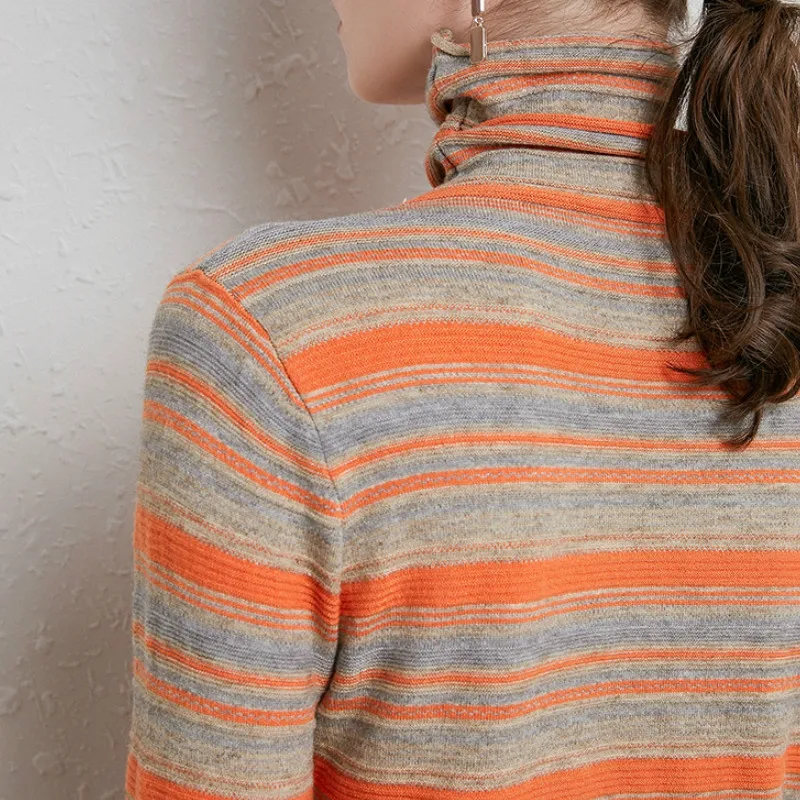 

Women's Radinbow Striped Sweater Turtleneck Knitwear Spring Autumn Ladies Casual Strreetwear Pullover Knitted Top S-XXL