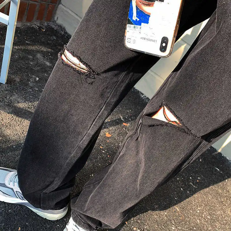 

2021 new spring and summer Korean high waist pierced jeans women's straight tube loose show thin drop feeling wide leg floor