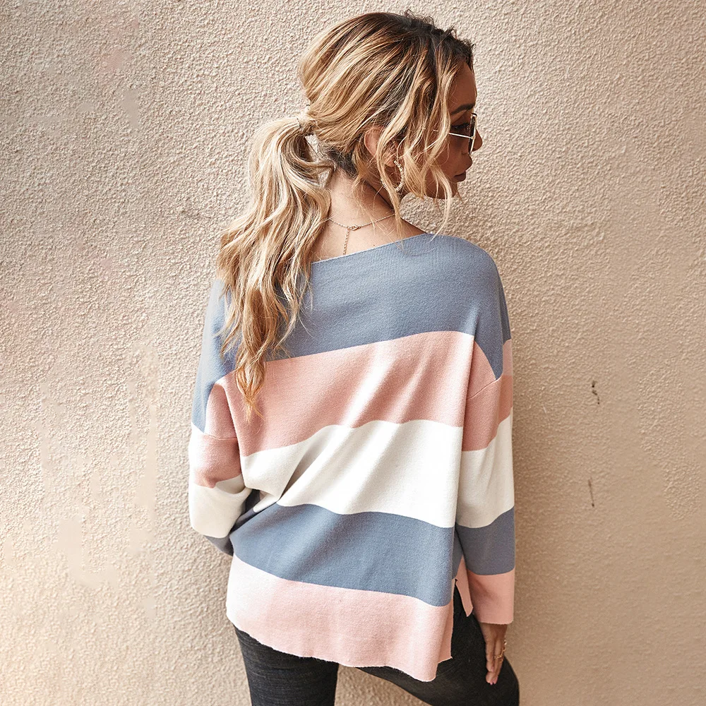 

Casual Patchwork Knit Pullovers Women Sweater stripe 2020 Autumn Winter New Fashion O-Neck Sweater Women's pullovers knitted