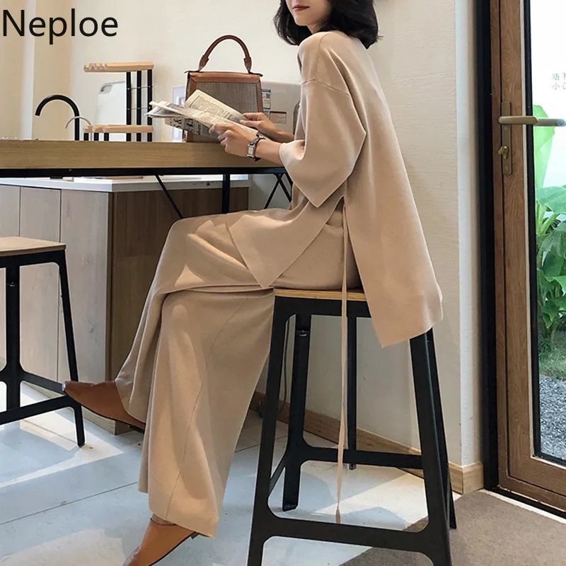 Женский комплект из 2 предметов Neploe вязаный свитер с круглым вырезом + широкие