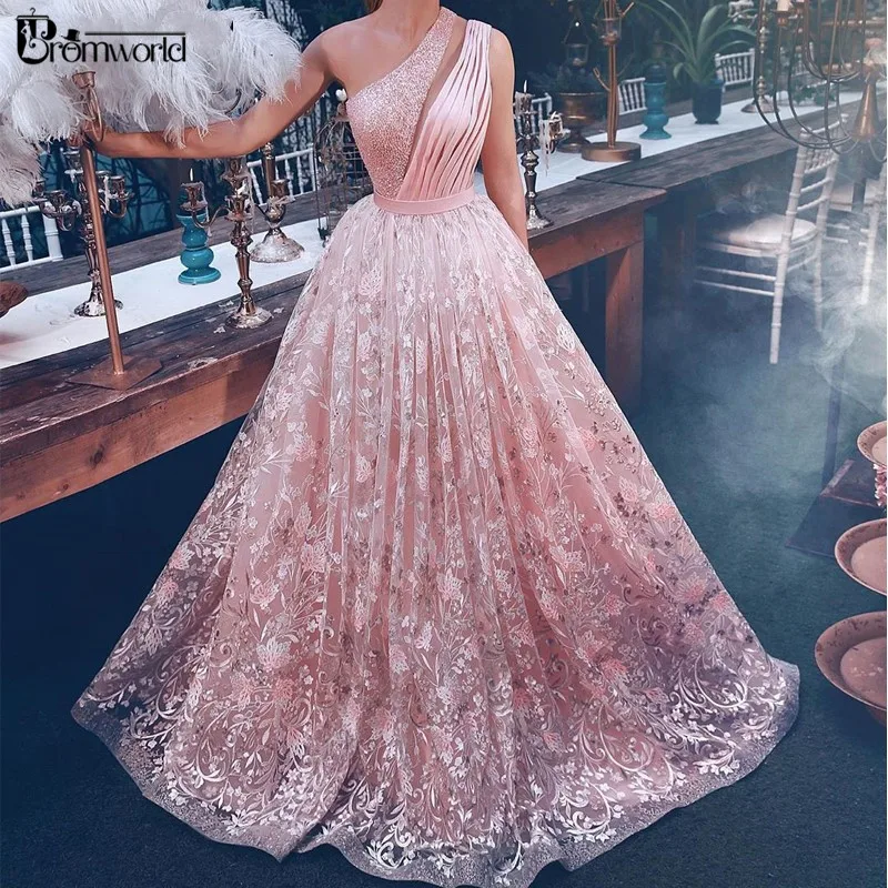 One-Shoulder Pink Evening Dresses Long 2021 New A-Line Lace Islamic Dubai Saudi Arabic Formal Party Dress Prom Gowns | Свадьбы и