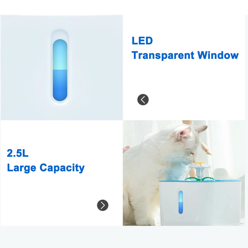 

2.5L Square Pet Water Fountain Home Cat Dog Automatic Drinking Feeder Water Bowl LED Visible Window Water Dispenser Pet Supplies
