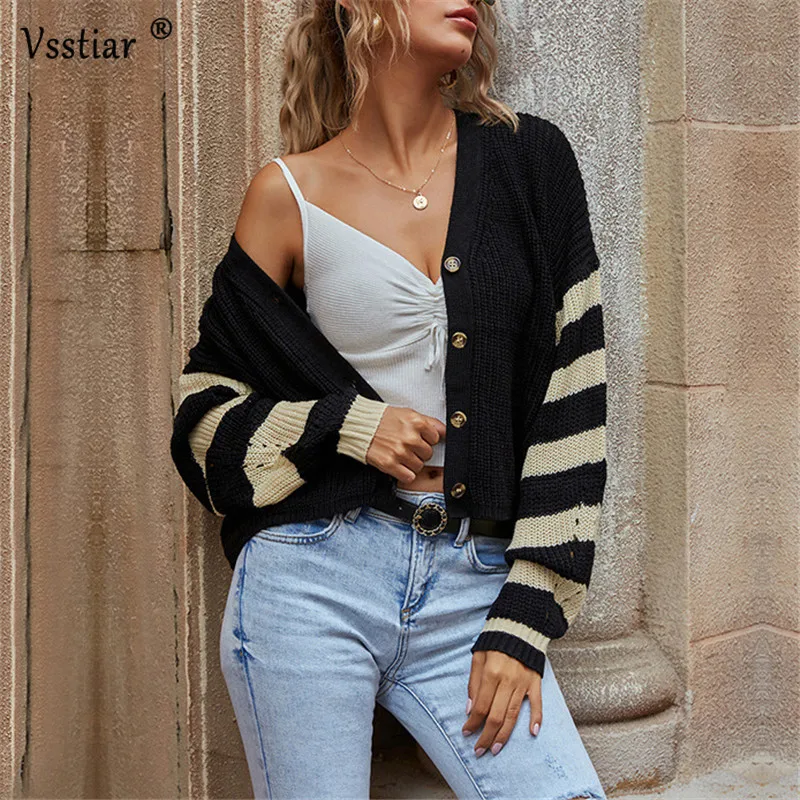 Зимние свободные свитера кардиганы для женщин 2020 полосатый Повседневный свитер