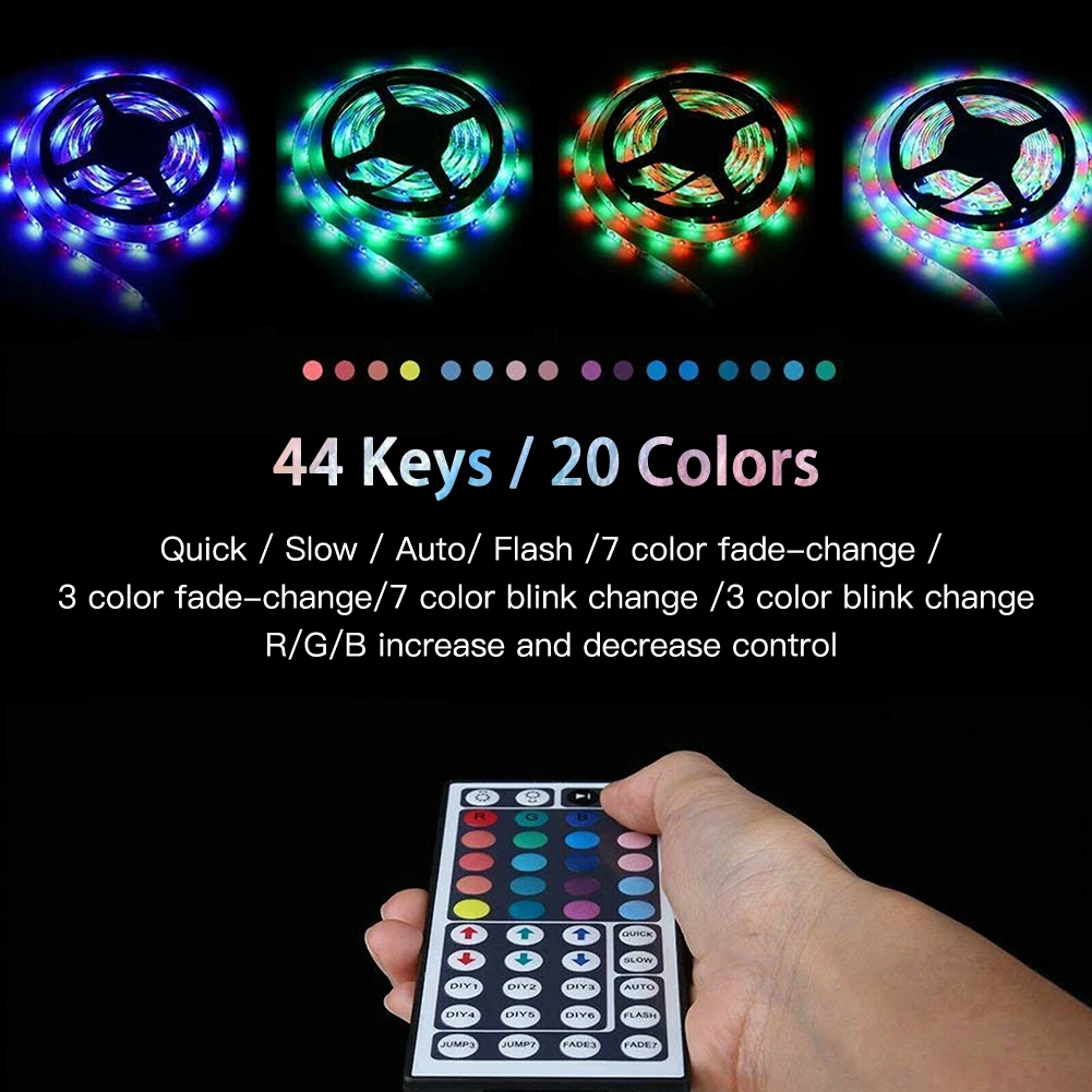 

RGB 5M 16.4ft Waterproof 3528 SMD 300 LED Flexible Light Strip 12V+44 Key Remote
