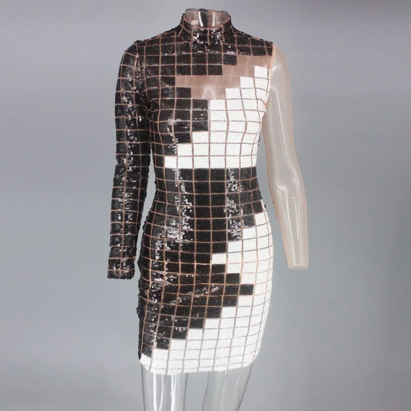 Fuedage лоскутное клетчатое сексуальное платье с блестками на одно плечо женское