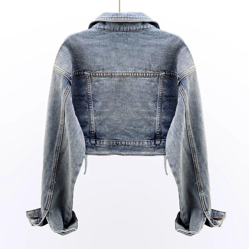 Женская джинсовая куртка на молнии универсальная Короткая свободная с длинным