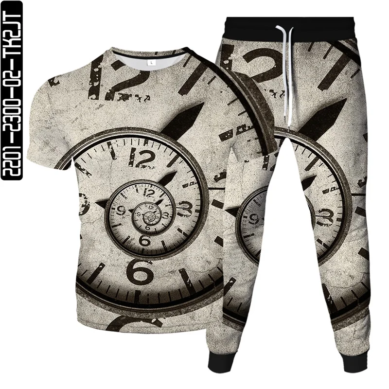 

2021 spring and summer new men and women 3D printing clock element casual trousers fashion trend boutique T-shirt two-piece set