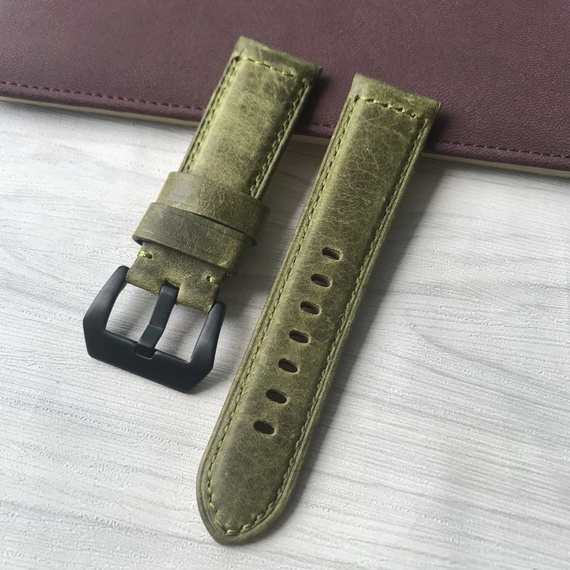 Top Quality 24mm Grass Green Vintage Retro Italy Genuine Leather Watchband Replace For Panerai Watch Strap PAM Bracelet
