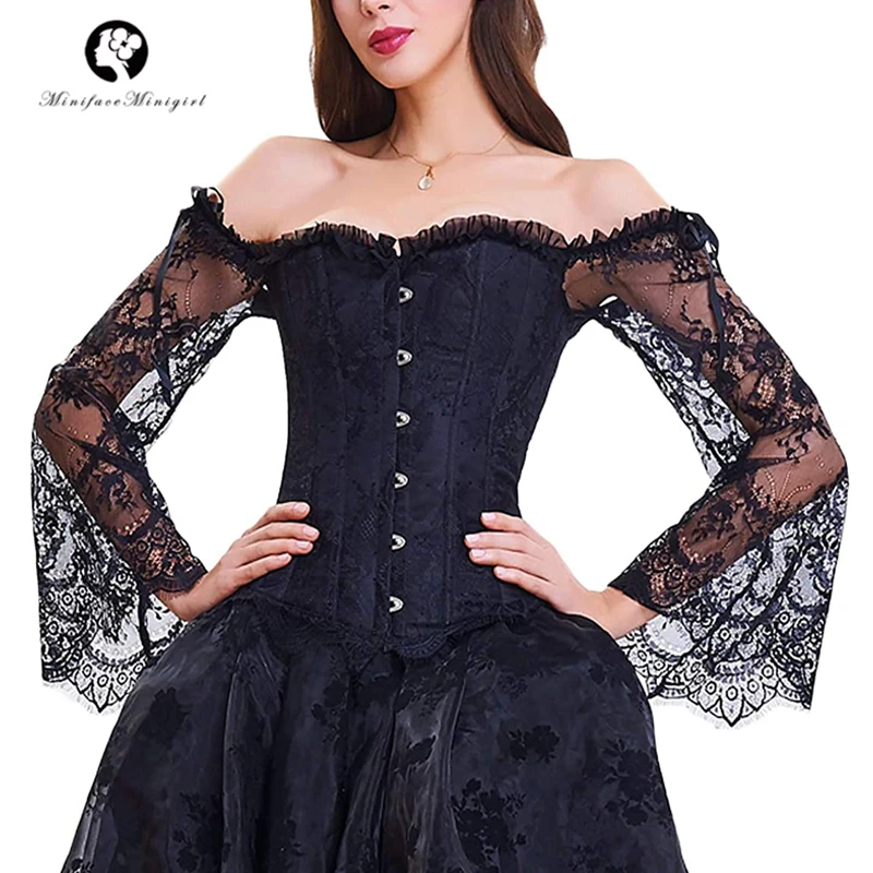 

Women's Overbust Lace Up Back Corset with Shoulder Sleeve Bridal Wedding Bustier Top Sexy Corsets Slimming Firm Control Corcet