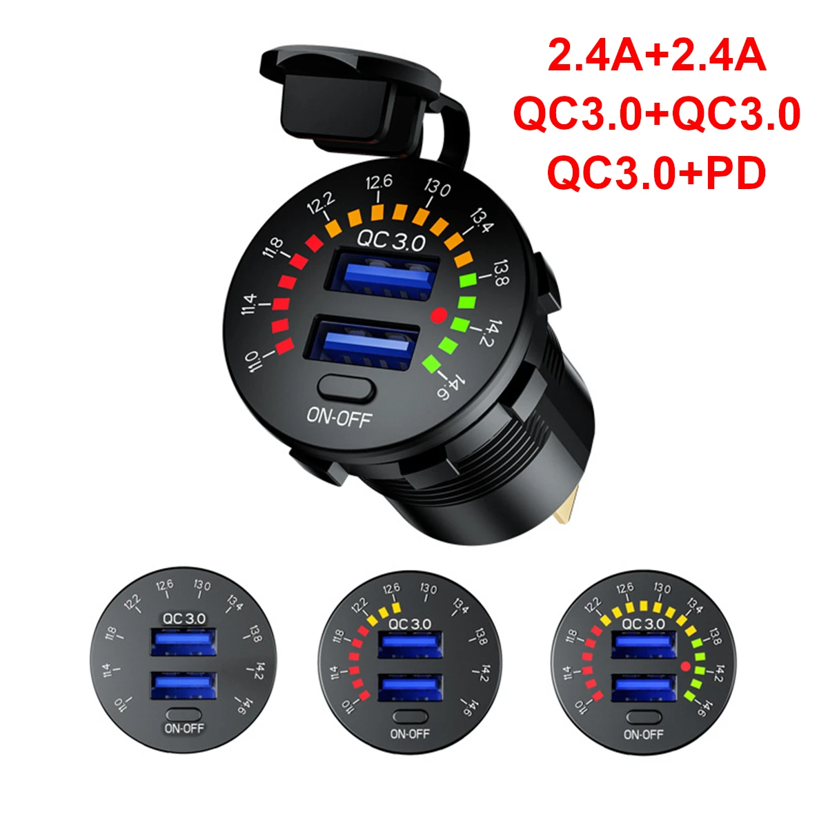 

QC3.0 4.8A Dual USB Charger Socket Flow Voltmeter Switch 36W Type C PD Outlet Fast Charging for 12V Car Boat Motorcycle Truck RV