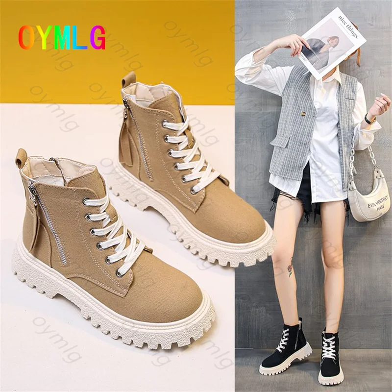 

Martin boots women's autumn thin section 2021 new British style thick-soled canvas lace-up side zipper square heel ankle boots