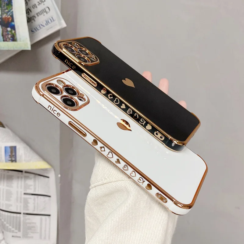 

For iPhone 14 Side Pattern Phone Case For iPhone 11 12 13 Pro X XR XS Max 7 8 Plus Luxury Electroplated Love Heart Soft TPU Case