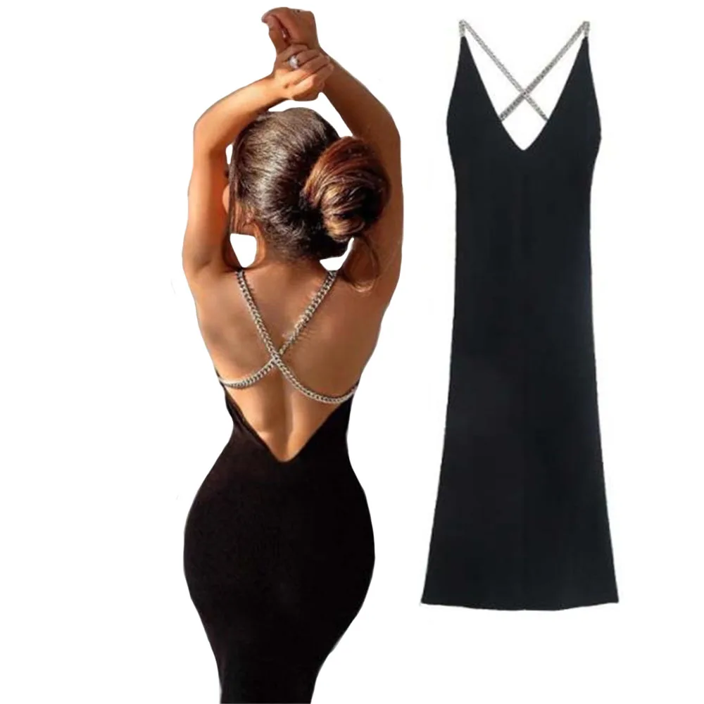 

Women Dresses Fashion Chain Decoration Cross Shoulder Strap Big Open Back Knitted Dress Black Bag Hip Slim Suspender Long Dress