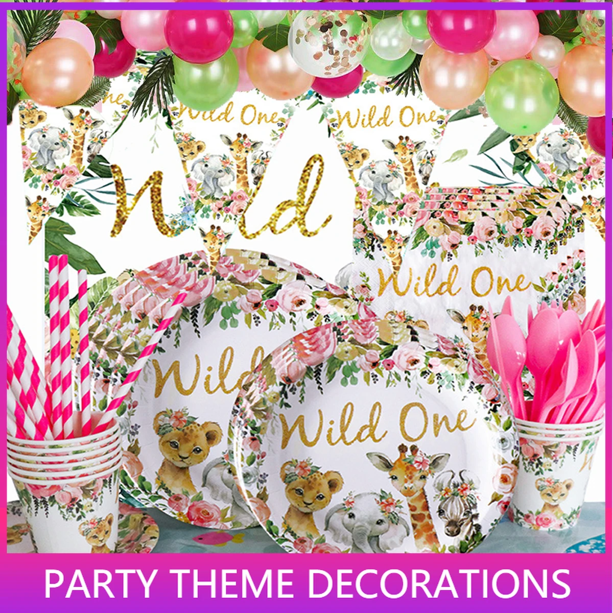 

Pink Wild One Birthday Party Balloon Jungle Safari Party Forest Decoration Girls First 1st Birthday Safari Jungle Party Supplies