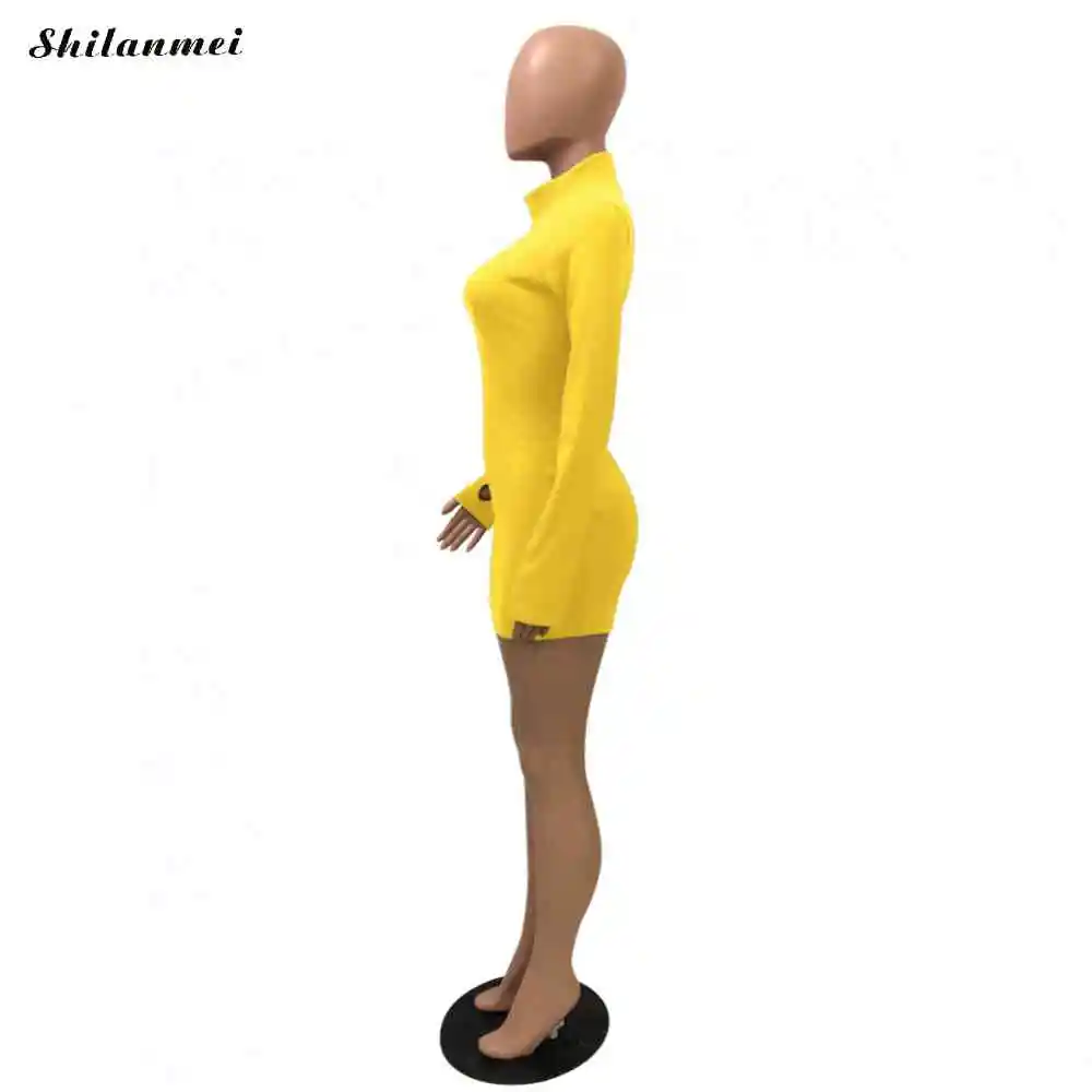 

2019 Autumn Sexy Bodycon Yellow Dress Turtleneck Solid Mini Dress Fashion Sheath Clubwear Female Long Sleeve Bandage Dresses