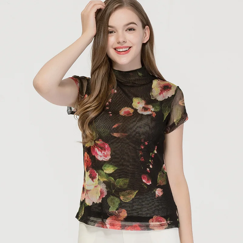 Женская Двухслойная футболка из 100% шелка с коротким рукавом полувысоким