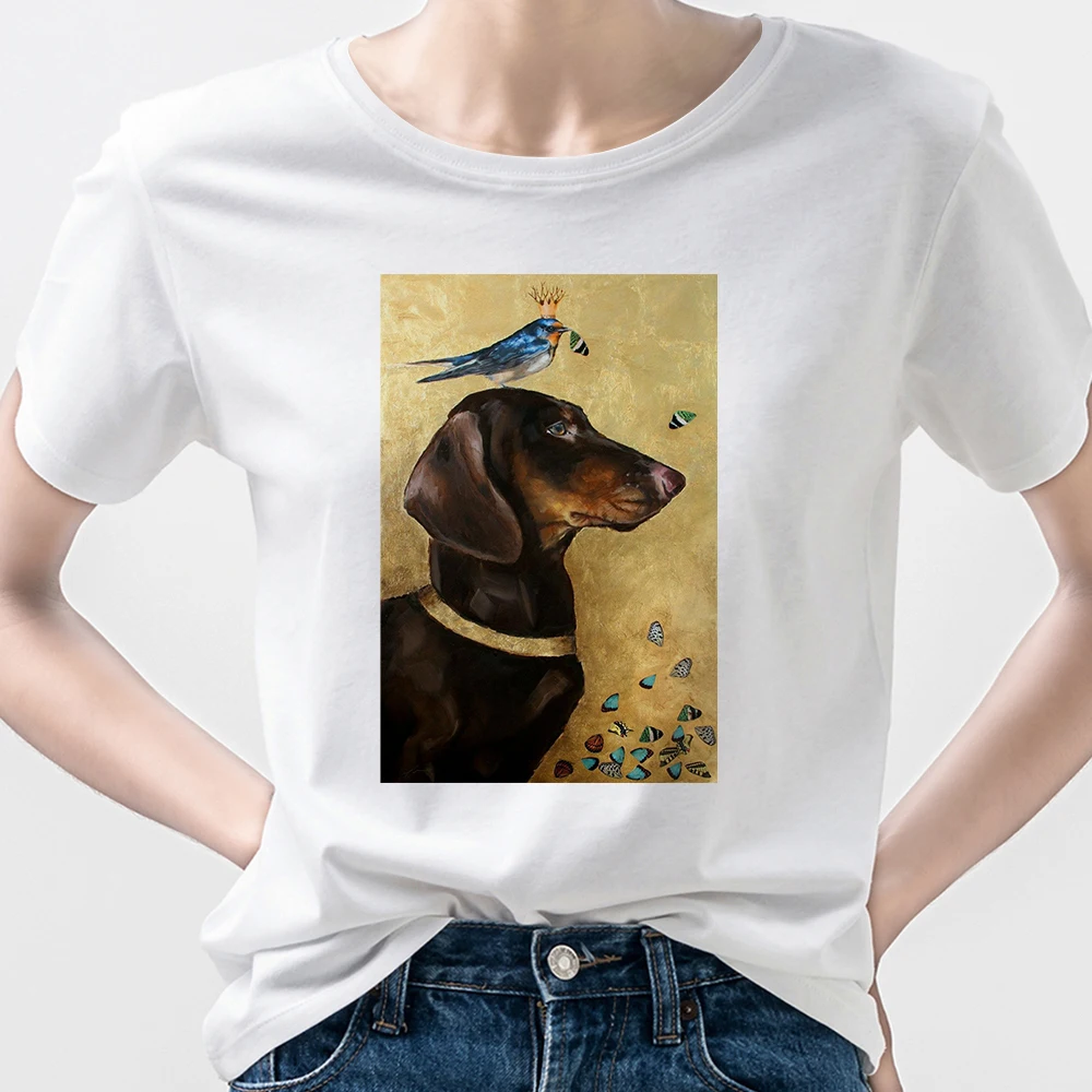 

Dachshund Women T Shirt Bird With Crown Printed Loose Short Sleeve Fashion Young Elegant Animal Simplicity Shirt Female Tops