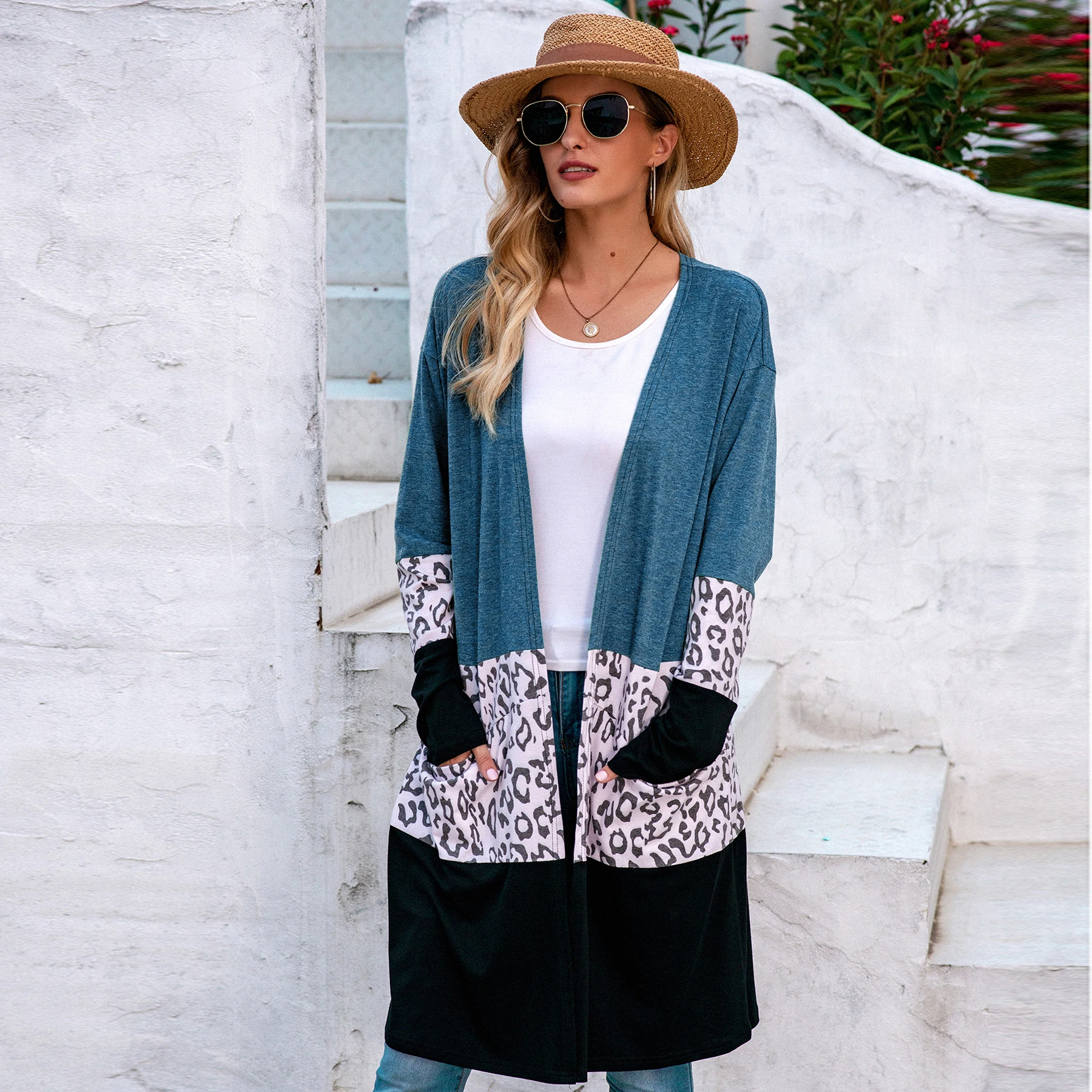 

Fashion Women Contrast Color Printed Knitwear, Long Sleeve Loose Sweater Coat, Open Front Pocket Cardigan