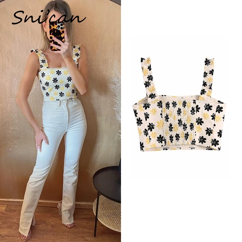 

Yellow Floral Camis Ruches Spaghetti Strap Sexy Short Top Za 2021 Women Bluzki Fashion Female Outwear Snican Blouses Femmes Ã©tÃ©