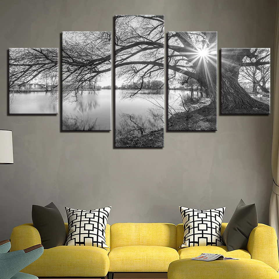 

Diamond painting 5 Pieces Lakeside Big Trees Paintings Black White Landscape,embroidery diamond mosaic square rhinestones cross