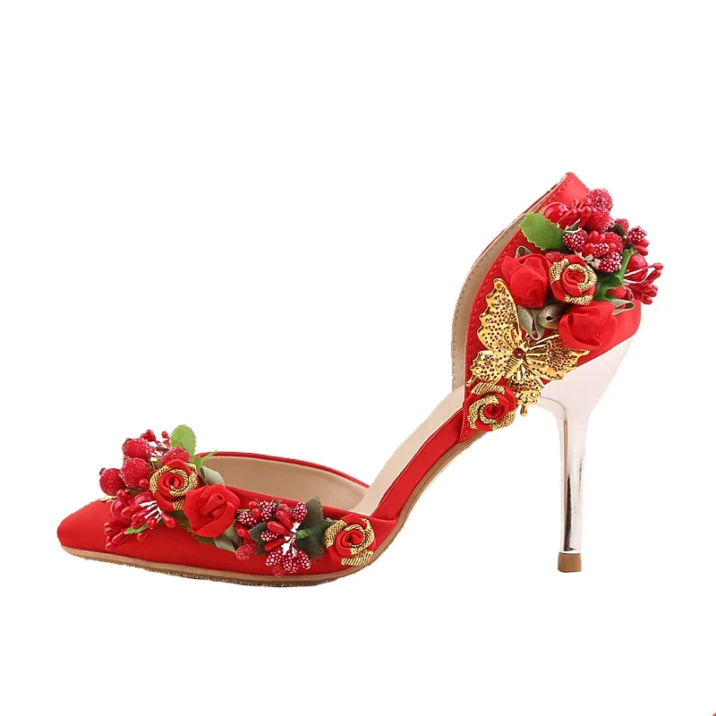 Red satin bride ultra high heel stiletto hollow flower dress wedding shoes female sandals 2019 summer new style | Обувь