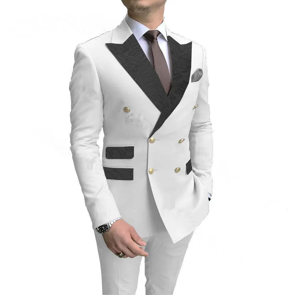 2021 Fashion Black Flower Lapel White Men Wedding Prom Dress Suits Double Breasted Men Suits Groom Party Tuxedo 2 Pieces Set
